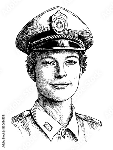 Engraved illustration of a vintage police officer in a uniform with a cap, showcasing a professional and friendly demeanor