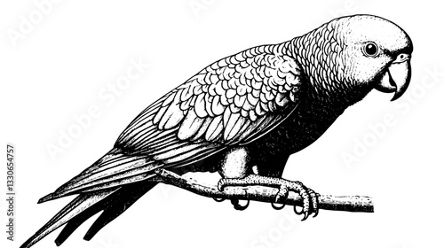 Hand-drawn vintage illustration of a parrot perched on a branch, showcasing intricate details in feathers and texture