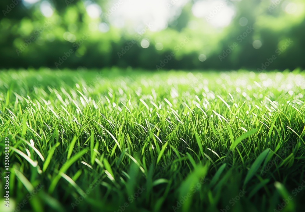 Fototapeta premium Lush Green Grass with Dewdrops Illuminated by Sunlight in a Serene Outdoor Setting, Perfect for Nature and Landscape Representation