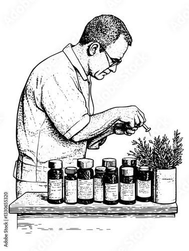 Hand-drawn vintage illustration of a man preparing herbal concoctions with bottles and plants in a rustic setting