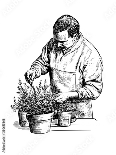 Gardener nurturing herbs in vintage illustration style with detailed engravings and traditional hand-drawn elements