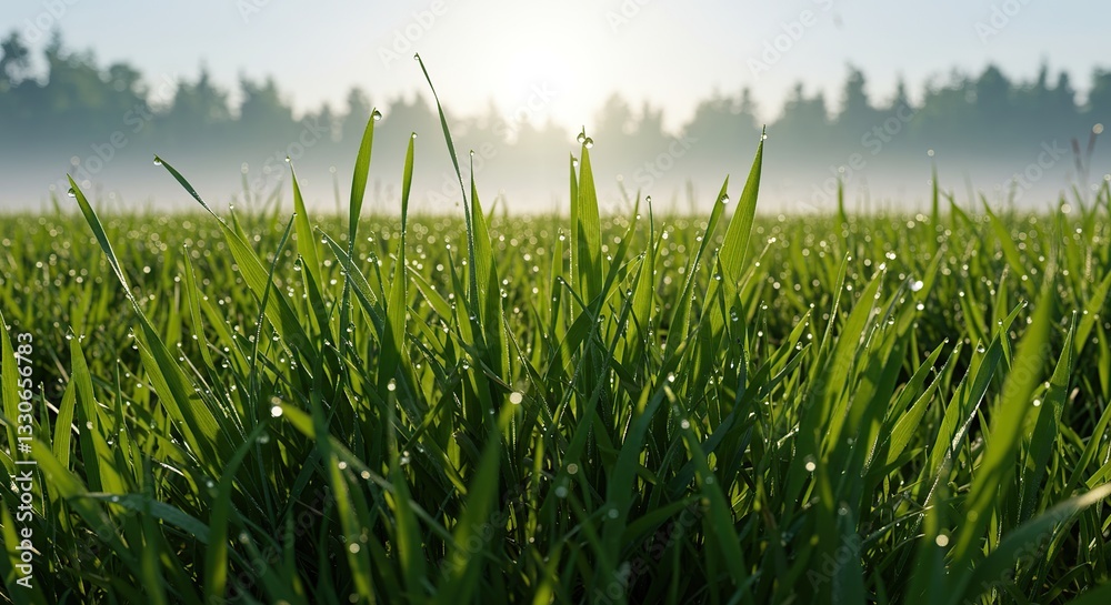 Fototapeta premium Morning Dew on Blades of Green Grass in Sunlight