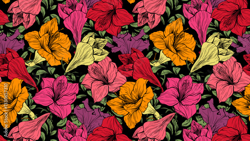 Large Flowers Vector Seamless Pattern Background Floral Design for Fabric Textile or Wallpaper, Elegant Amaryllis Botanical Line Art Print in Bright Red and Orange Colors