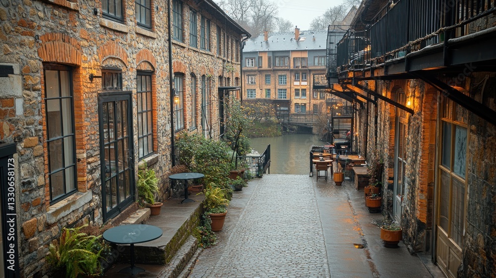 Fototapeta premium Cobblestone Lane with Charming Stone Buildings and Calm Canal