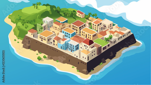 A Vibrant Puerto Rican Beachside in Isometric Perspective