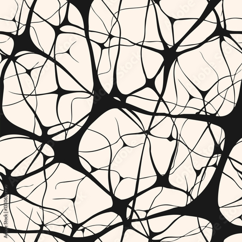 Vector abstract seamless pattern with neurons, brain nerve cells, organic shapes. Simple illustration of neural network, net, grid, bionics. Trendy black and white background texture. Repeated design