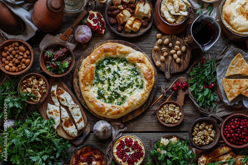 Cheese-filled bread with greens served on a wooden table with a variety of Georgian appetizers. Great for traditional food styling and regional recipes.
Cheese-filled bread with greens served on a wooden table with a variety of Georgian appetizers. Great for traditional food styling and regional recipes.