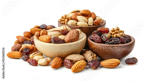nuts and dried fruits on white background