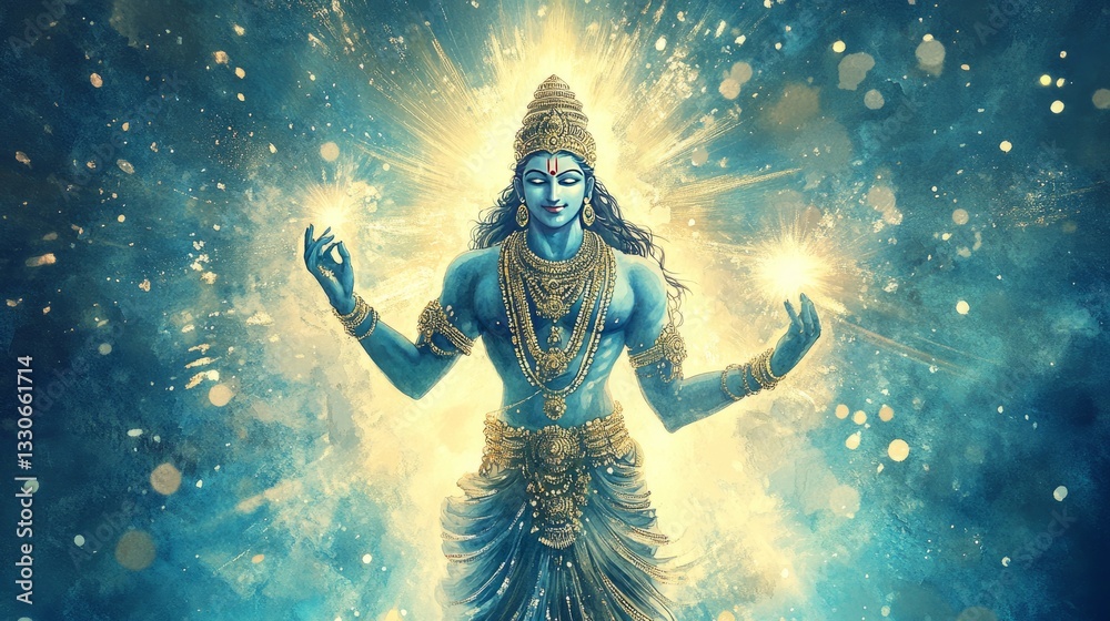 Fototapeta premium History Radiant Watercolor View Sacred Vishnu Golds