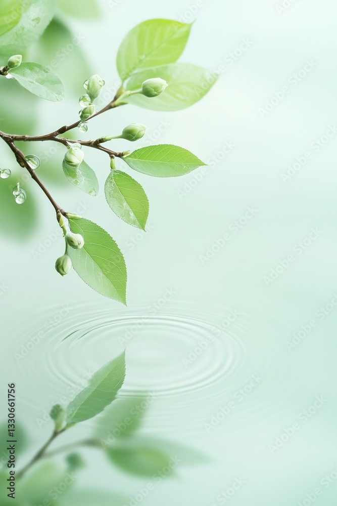 Gentle ripples created by raindrops on water, with a branch of green leaves above in a serene atmosphere Gentle ripples created by raindrops on water, with a branch of green leaves above in a serene atmosphere