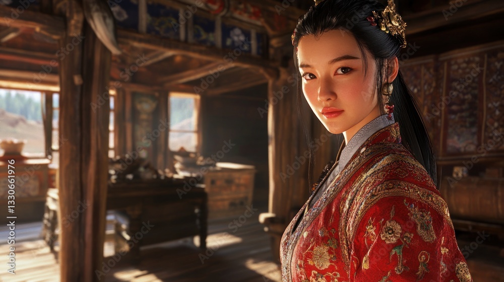 Fototapeta premium Traditional Attire in a Sunlit Room A Woman Dressed in Ornate Embroidered Clothing with Intri