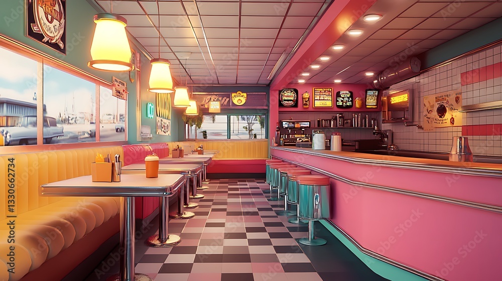 Retro Diner Interior with Pink Counter and Checkered Floor Design