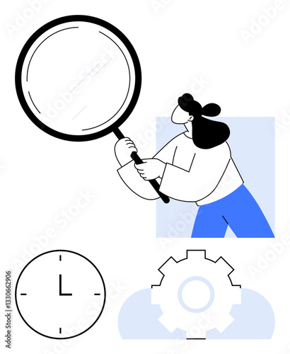 Female figure examining with magnifying glass, accompanied by clock and gear. Ideal for analysis, productivity, time management, problem-solving, focus, efficiency and research. Modern flat simple