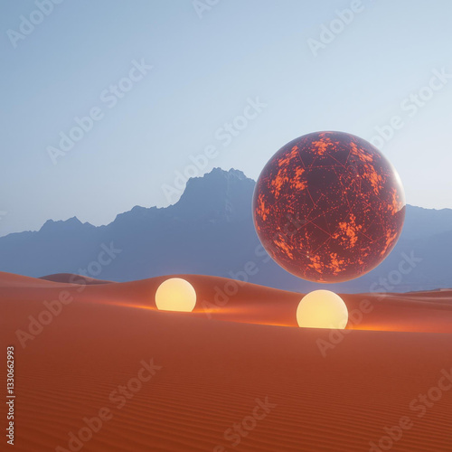 Surreal Scene in the Desert with Floating Spheres and Mysterious Mountain