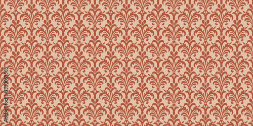 Luxury vintage damask seamless pattern. Elegant vector background in baroque, rococo, renaissance, revival style. Abstract ornament with curly floral elements, leaves, feathers. Repeated retro design