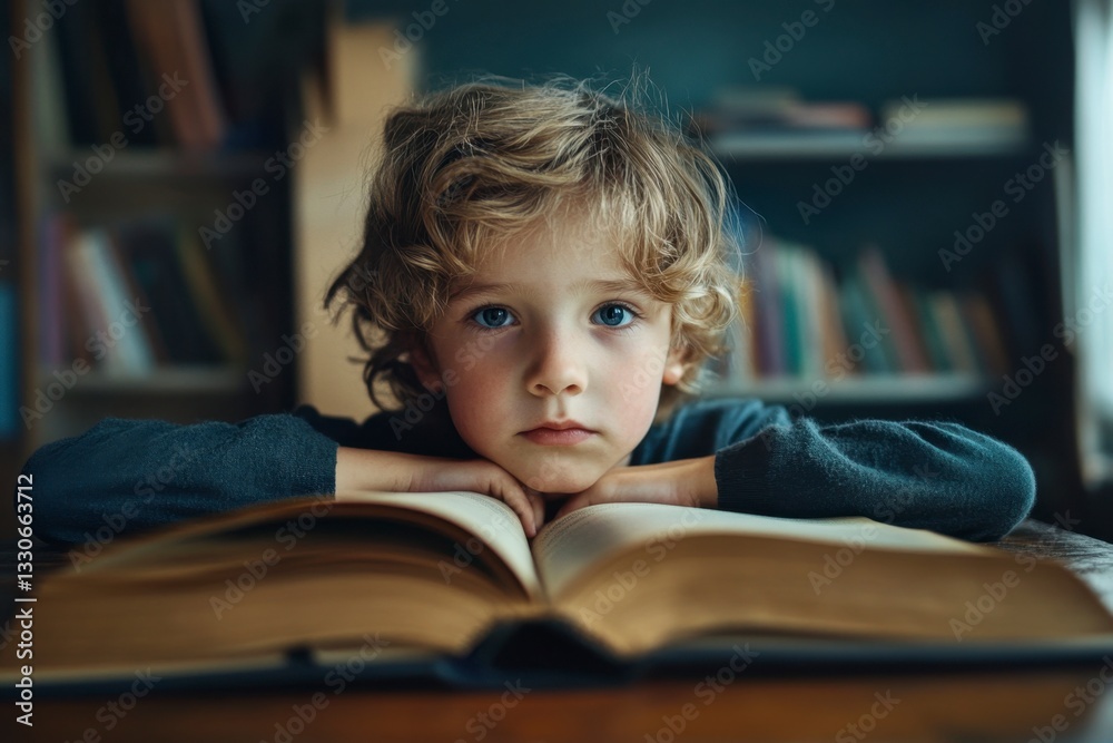 Pensive Young Boy with Blonde Curls Resting Chin on Open Book in Library Pensive Young Boy with Blonde Curls Resting Chin on Open Book in Library