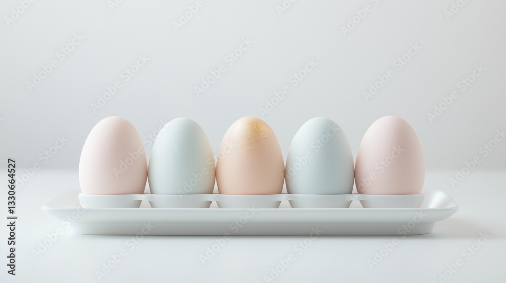 Delicate pastel eggs arranged neatly on a white tray for a spring celebration Delicate pastel eggs arranged neatly on a white tray for a spring celebration