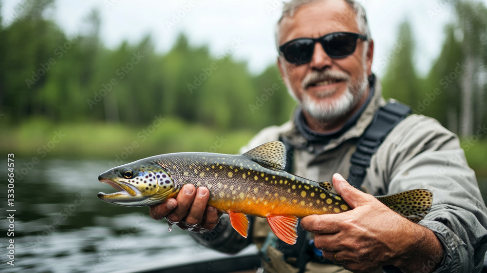 man with a fish standing on happy face.