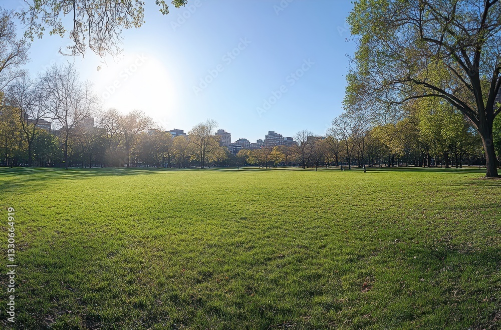 Fototapeta premium Lush Green Park Landscape with Sunlight and City Skyline in the Background during Early Morning or Late Afternoon in Spring or Summer Season