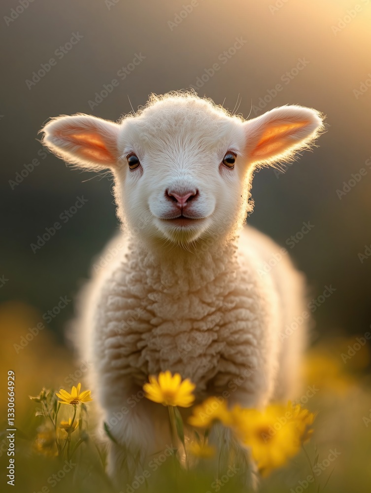 Fototapeta premium Cute lamb standing among yellow flowers in a peaceful meadow during golden hour light
