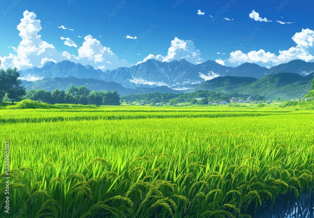 Lush Green Rice Field Under a Bright Blue Sky with Majestic Mountains in the Background on a Clear Day Lush Green Rice Field Under a Bright Blue Sky with Majestic Mountains in the Background on a Clear Day