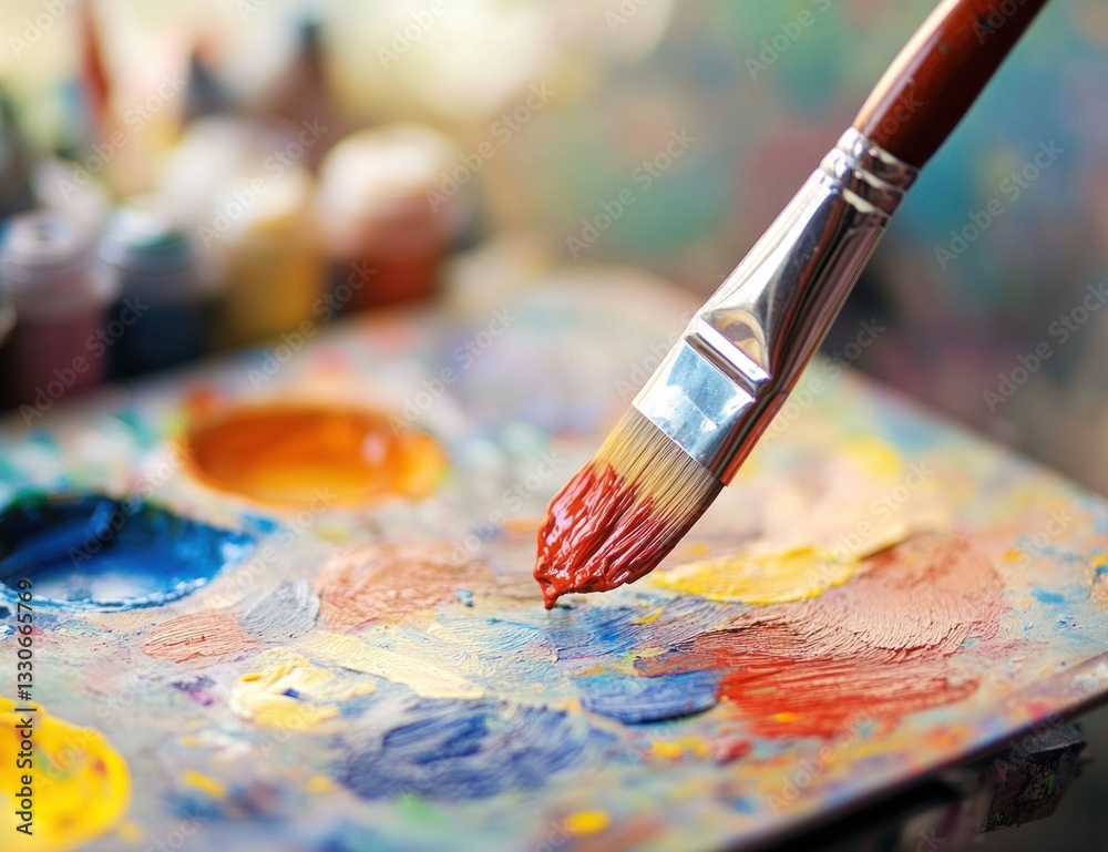 Fototapeta premium Artist's palette with brush. Colorful paint, various shades and hues. Close up of a paintbrush dipped in red paint, ready for application. Artwork preparation