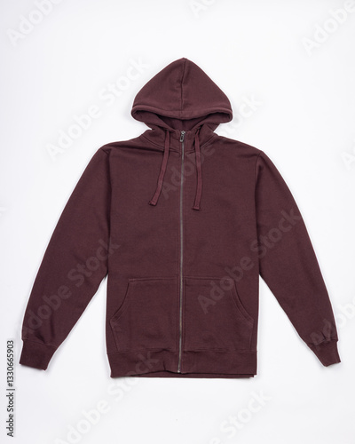 Men's sweatshirt with zipper and hood in burgundy. isolated on a white background