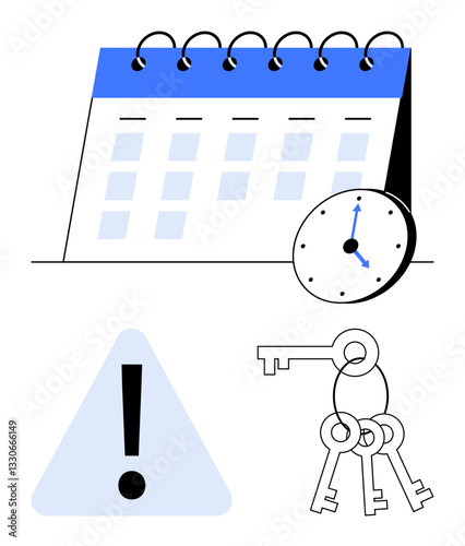 Calendar with highlighted dates, clock indicating time, caution triangle symbol, and keyring with keys. Ideal for time planning, scheduling, security, task prioritization, deadline reminders alert