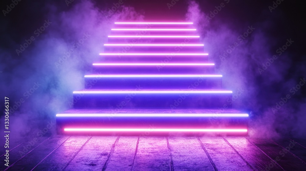 Neon steps in a smoky, dark space