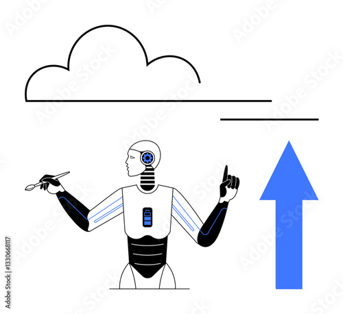 Robot interacts with cloud structure, holding stylus while pointing upward. Ideal for technology, AI, innovation, future, connectivity, data sharing digital transformation. Minimal flat simple