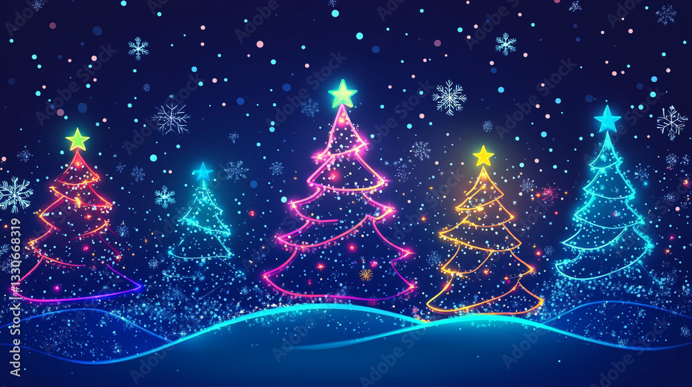 Neon Christmas trees with glowing snowflakes on a winter background, creating a magical and festive holiday atmosphere for celebrations.