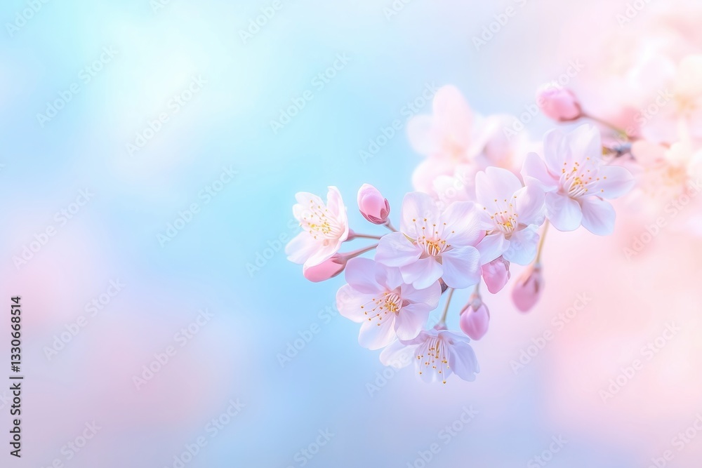Cherry blossom branches bloom gently against a soft pastel background, creating a serene spring atmosphere Cherry blossom branches bloom gently against a soft pastel background, creating a serene spring atmosphere