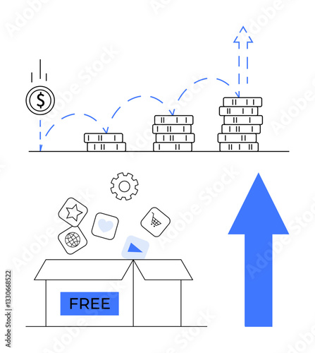 Stacks of coins increasing in height, dollar revenue trend, free resource box, and upward arrow. Ideal for finance, business growth, investment, success planning, tools productivity flat simple