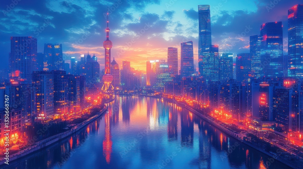 Obraz premium Shanghai Skyline at Dusk: A Breathtaking Panorama of City Lights and River Reflections