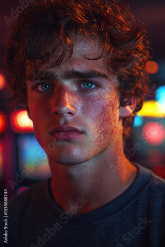 Young man with striking blue eyes and tousled hair in a dim arcade setting during the evening hours