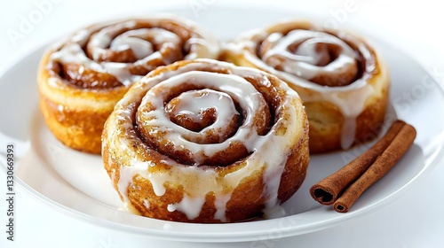 Plate of tasty cinnamon roll with cream on white