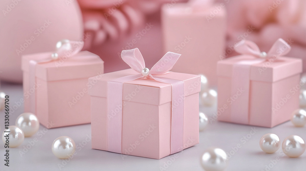 pink gift box with ribbon on pink background.