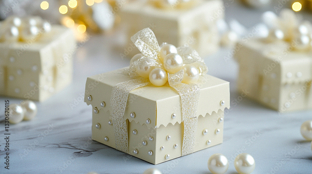 White Gift Box With Ribbon Decorated With Pearl Placed On A Soft Elegant Background Creating A Luxurious And Festive Atmosphere