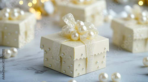 Obraz na płótnie White Gift Box With Ribbon Decorated With Pearl Placed On A Soft Elegant Background Creating A Luxurious And Festive Atmosphere
w salonie