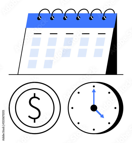 Calendar sheet with spiral binding above dollar coin and clock. Ideal for scheduling, savings, deadlines, productivity, budgeting, appointments, organization. Flat simple metaphor