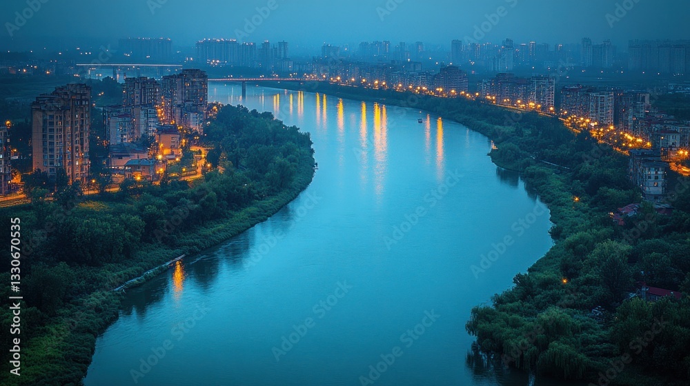 Naklejka premium Nightfall over the City River