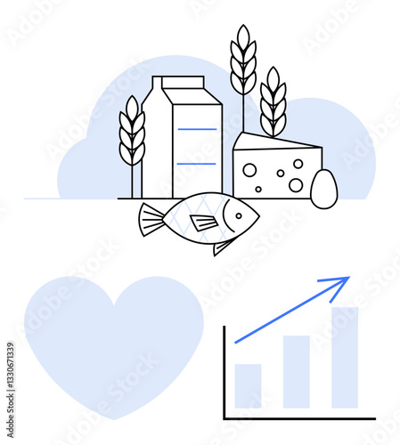 Milk carton, cheese, fish, egg, wheat stalks alongside a rising bar graph highlighting food industry growth. Ideal for nutrition, farming, sustainability, market trends health business economy