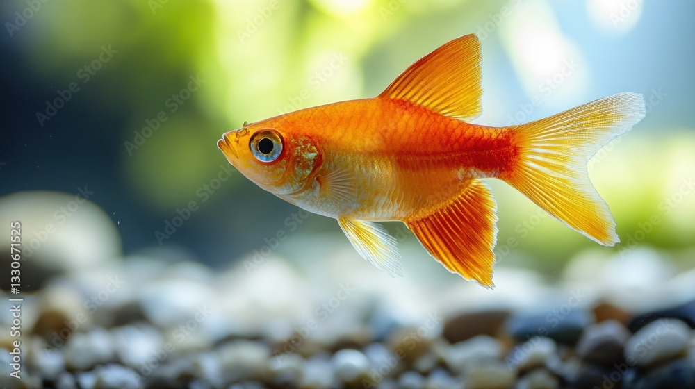 Orange fish in aquarium. Close-up of a vibrant orange fish swimming in a tank with gravel bottom Orange fish in aquarium. Close-up of a vibrant orange fish swimming in a tank with gravel bottom