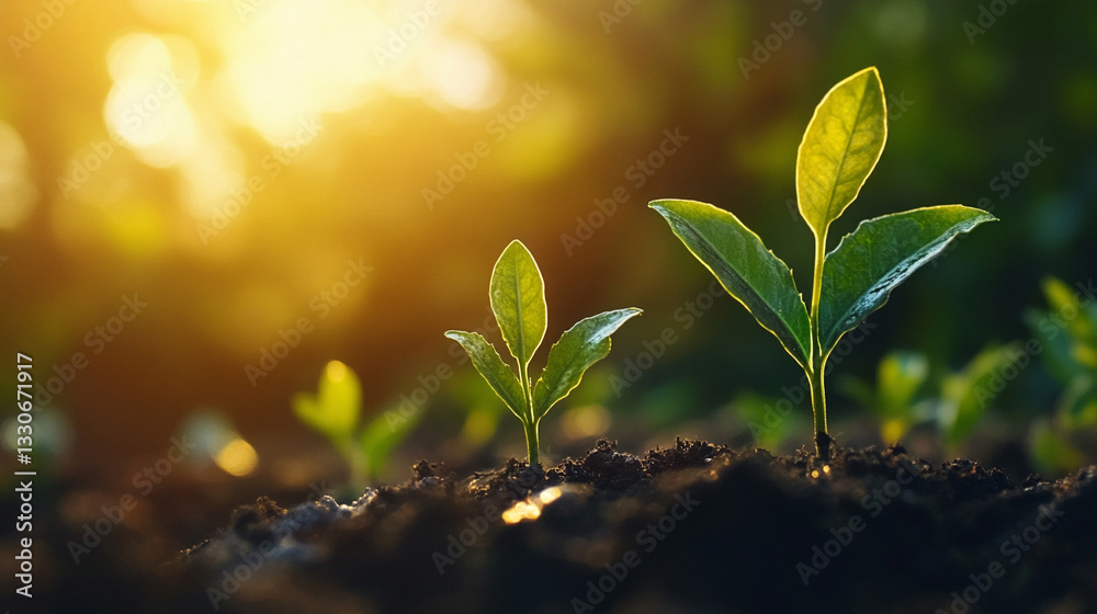 Plant growth action captured in a beautiful nature scene with sunrise light, symbolizing life, hope, and natural beauty evolution.
