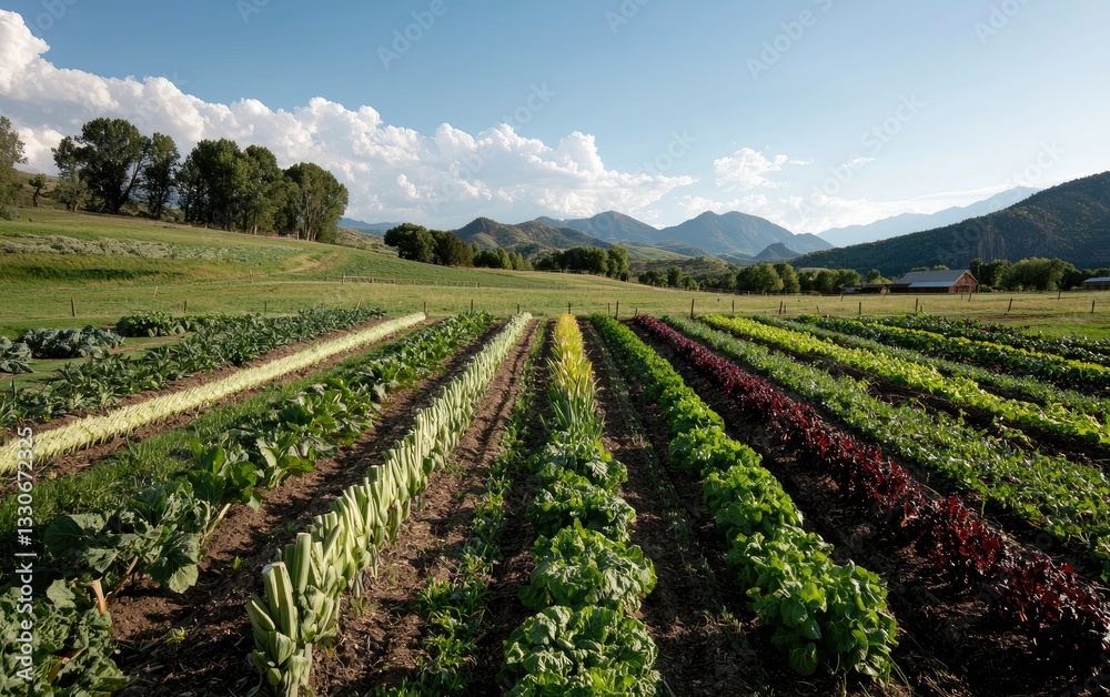 Vibrant Rows of Leafy Greens in a Mountain Farm Field Vibrant Rows of Leafy Greens in a Mountain Farm Field