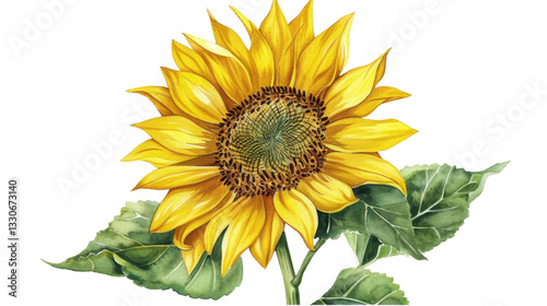 Watercolor sunflower blooming with green leaves on transparent background