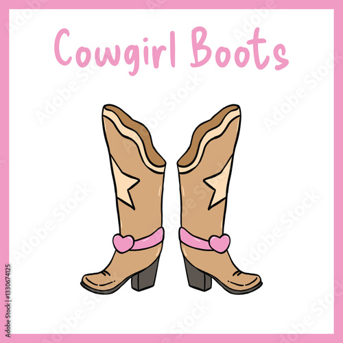 A single brown cowgirl boot with a classic western design, featuring a pull strap with a gold accent. The illustration is framed in pink, Vector illustration