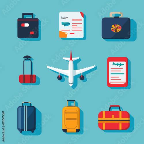 Airplane with Luggage and Travel Documents on Blue Background Flat Design