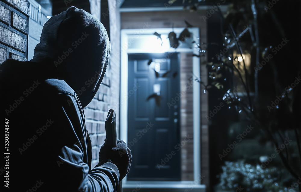 Fototapeta premium Intruder holding weapon near house in nighttime setting