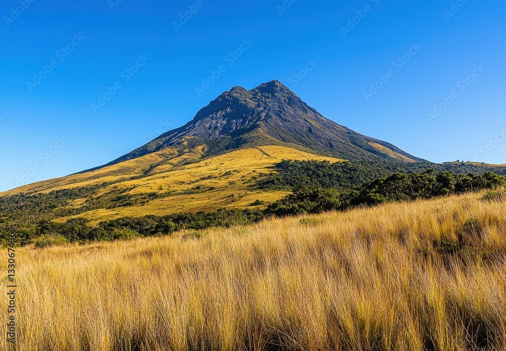 Naklejka premium Majestic Landscape of a Volcanic Mountain Surrounded by Lush Greenery and Golden Grass Under Clear Blue Sky in Vibrant Nature Scene